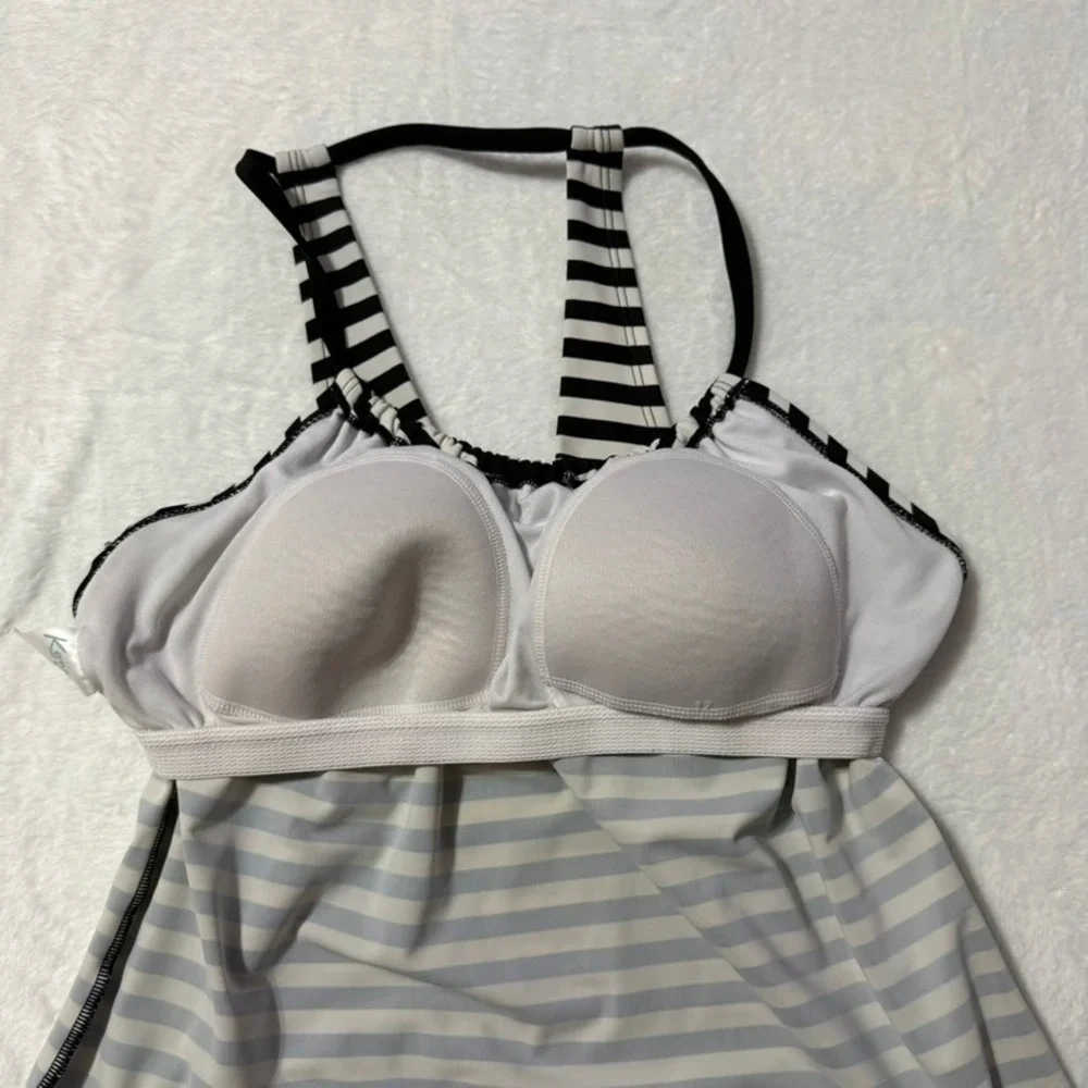 Kona Sol Tankini Top Women Medium Black White Striped Blouson Strappy Back Beach